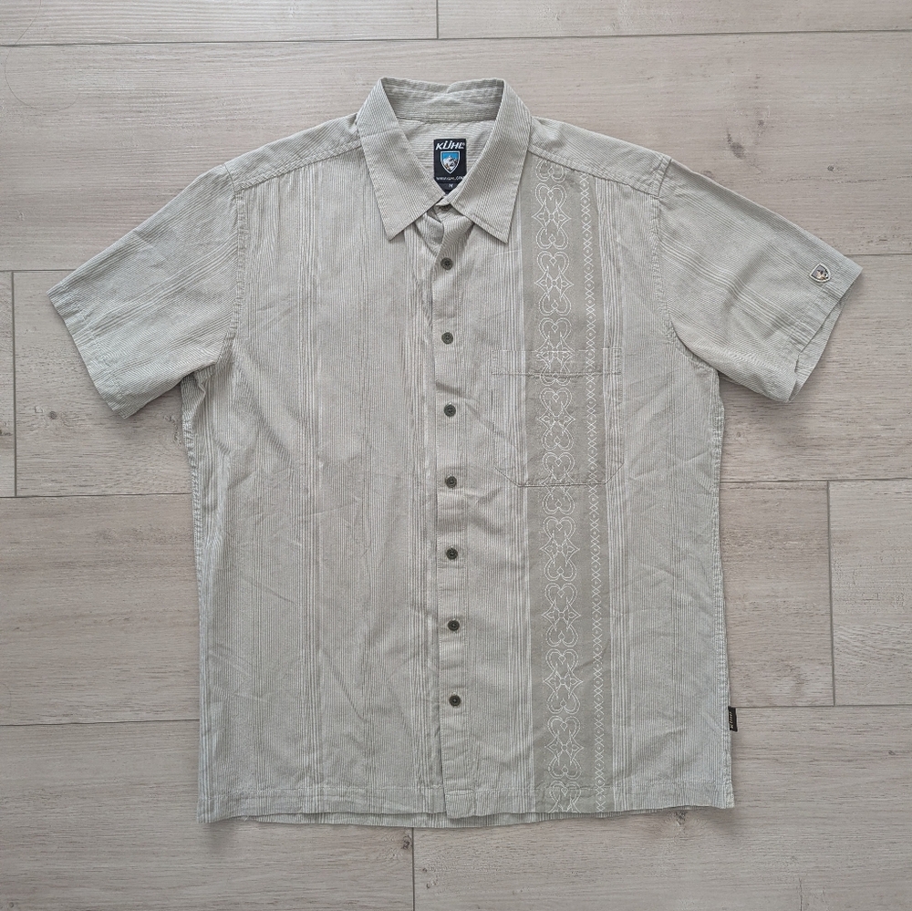 Kuhl Beige Shirt Mens Size M Striped Short Sleeve Button Up Tan.